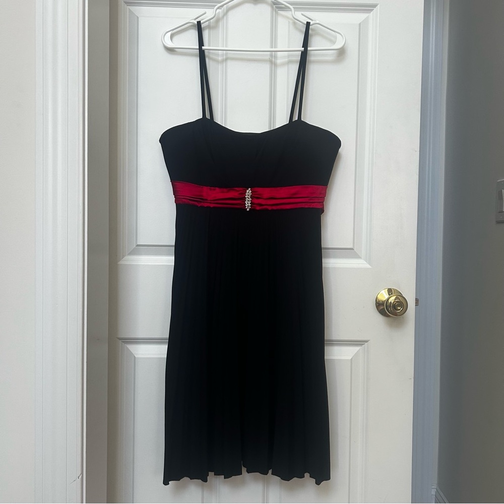 Taboo Black Strapless Dress with Red Sash and Jewel Accent